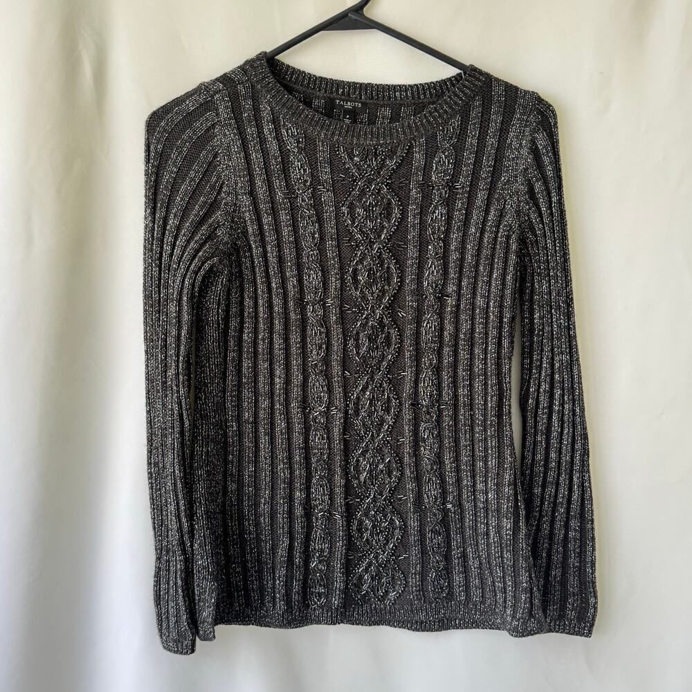 Talbots Womens Cable Knit Merino Wool Sweater Size Petite Beaded Black Metallic